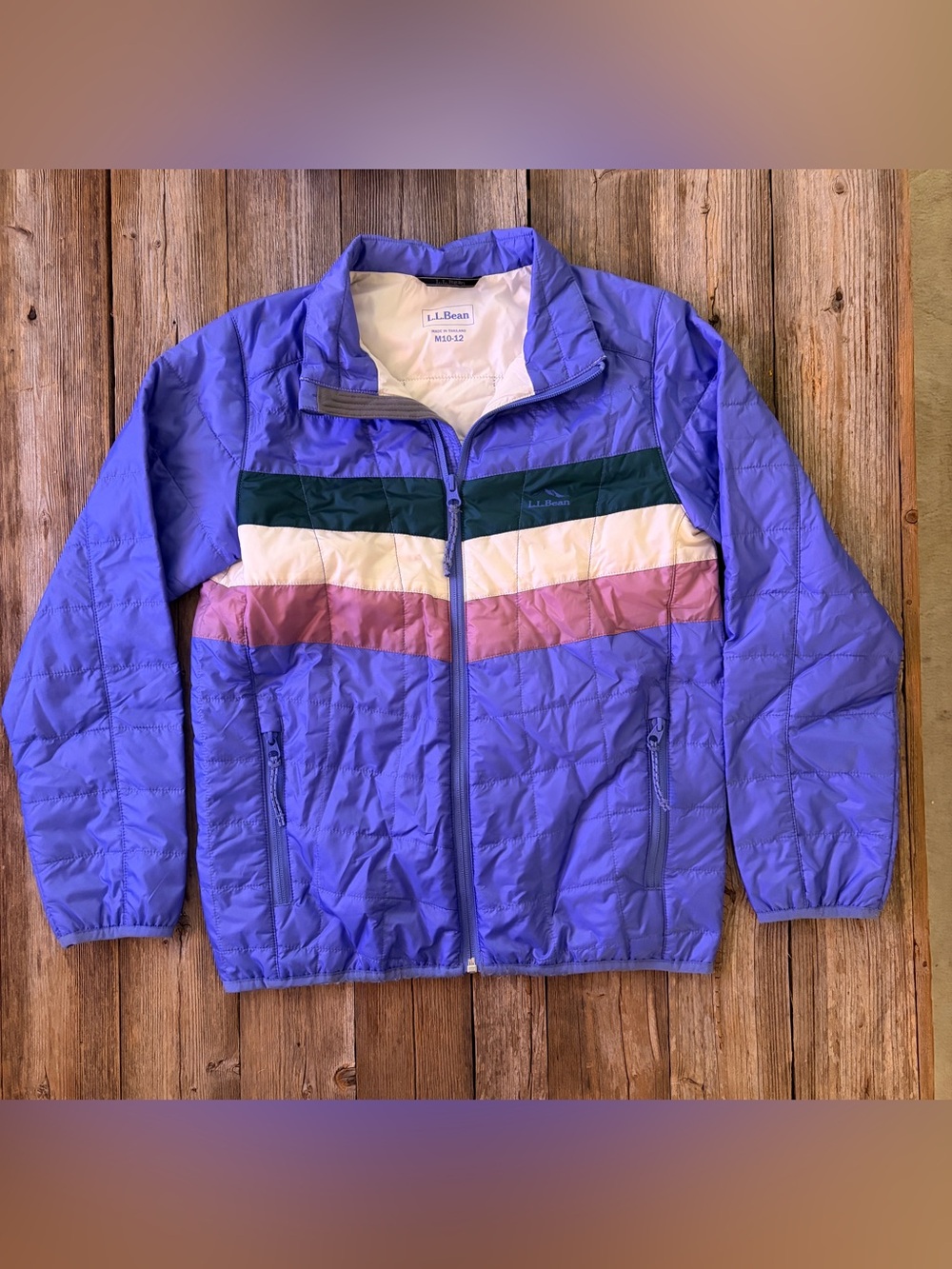 L.L. Bean Kids Purple Puffer Jacket with Green, White & Pink Stripes
